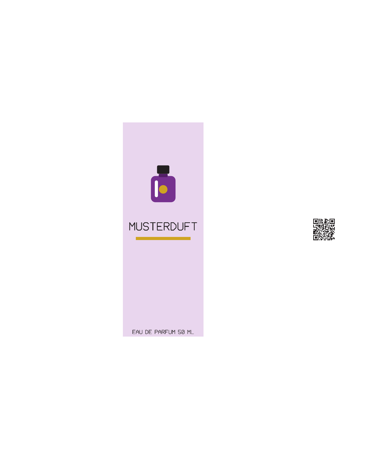 Artwork der Parfümschachtel ohne Stanzlinien: fliederfarbene Front mit Flakon-Logo, Schriftzug MUSTERDUFT, goldenem Farbband und der Zeile Eau de Parfum 50 ml, daneben ein QR-Code