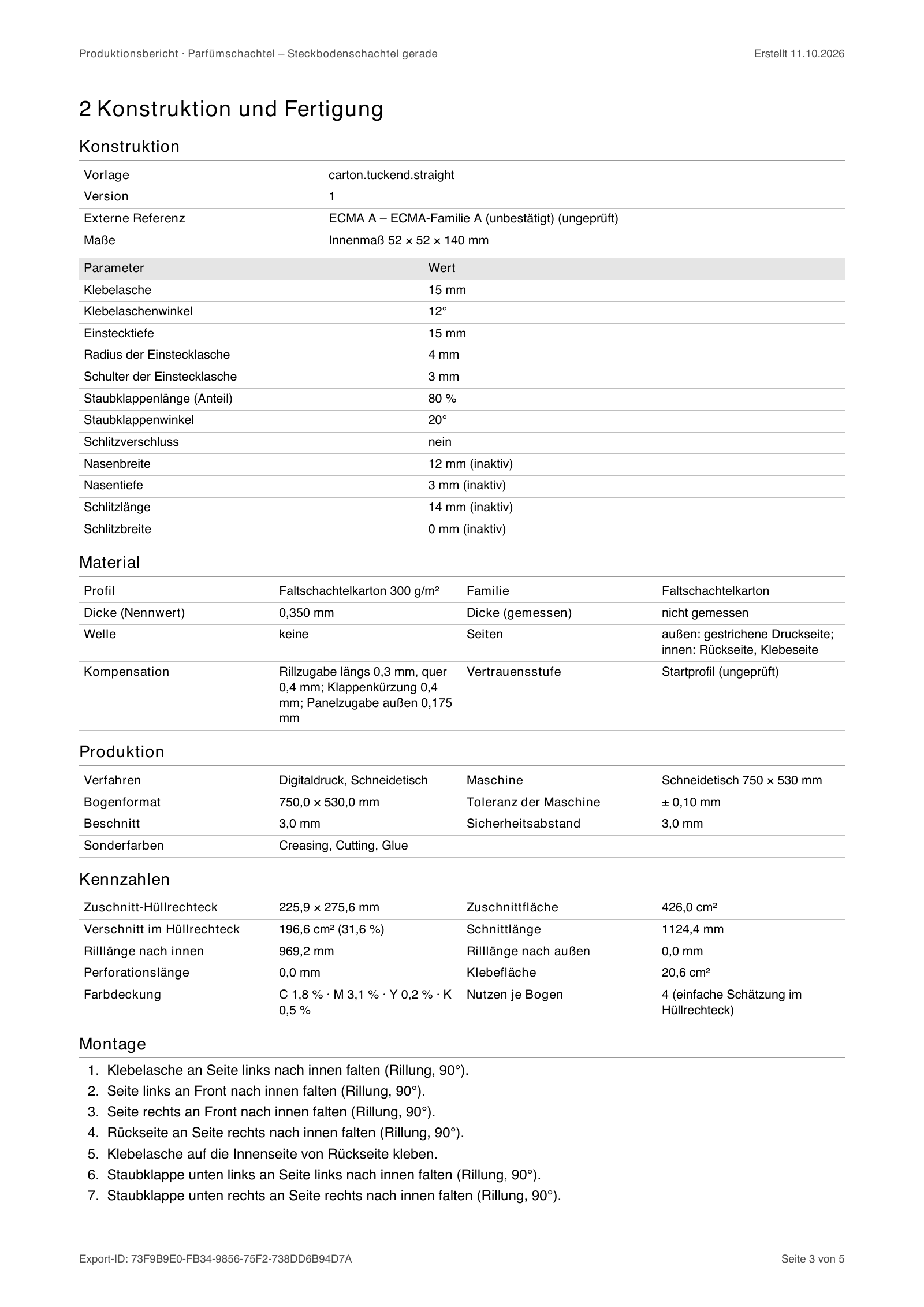 Seite 3 des Produktionsberichts mit den Abschnitten Konstruktion, Parameter, Material, Produktion, Kennzahlen und Montage