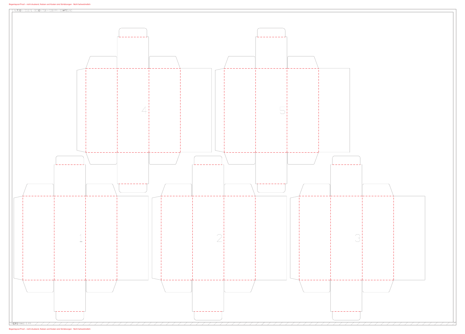 Bogenlayout mit fünf nummerierten Zuschnitten der Parfümschachtel auf einem Bogen 750 × 530 mm, drei unten und zwei versetzt darüber, mit Greiferrand an der Unterkante
