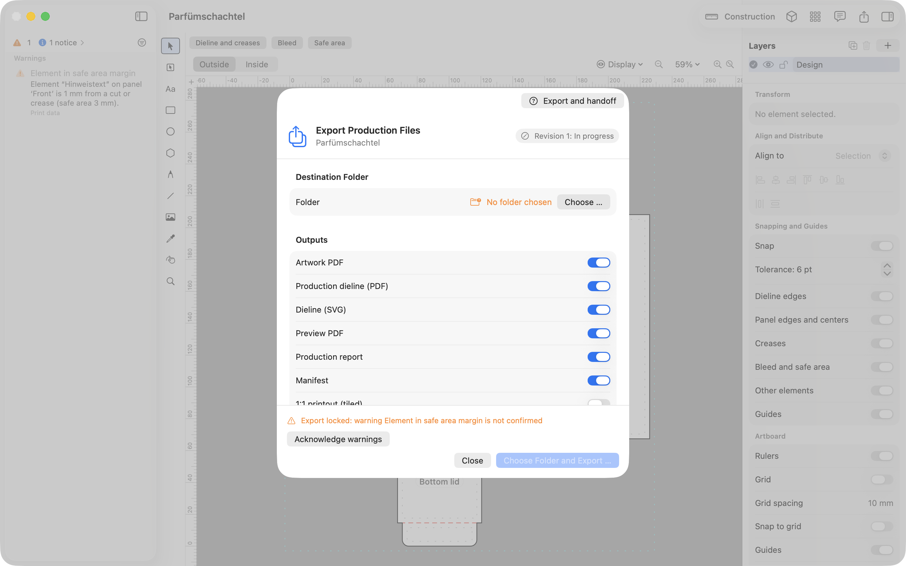 JetDieline export dialog with selectable artwork PDF, production dieline PDF, SVG, preview PDF, and production report.