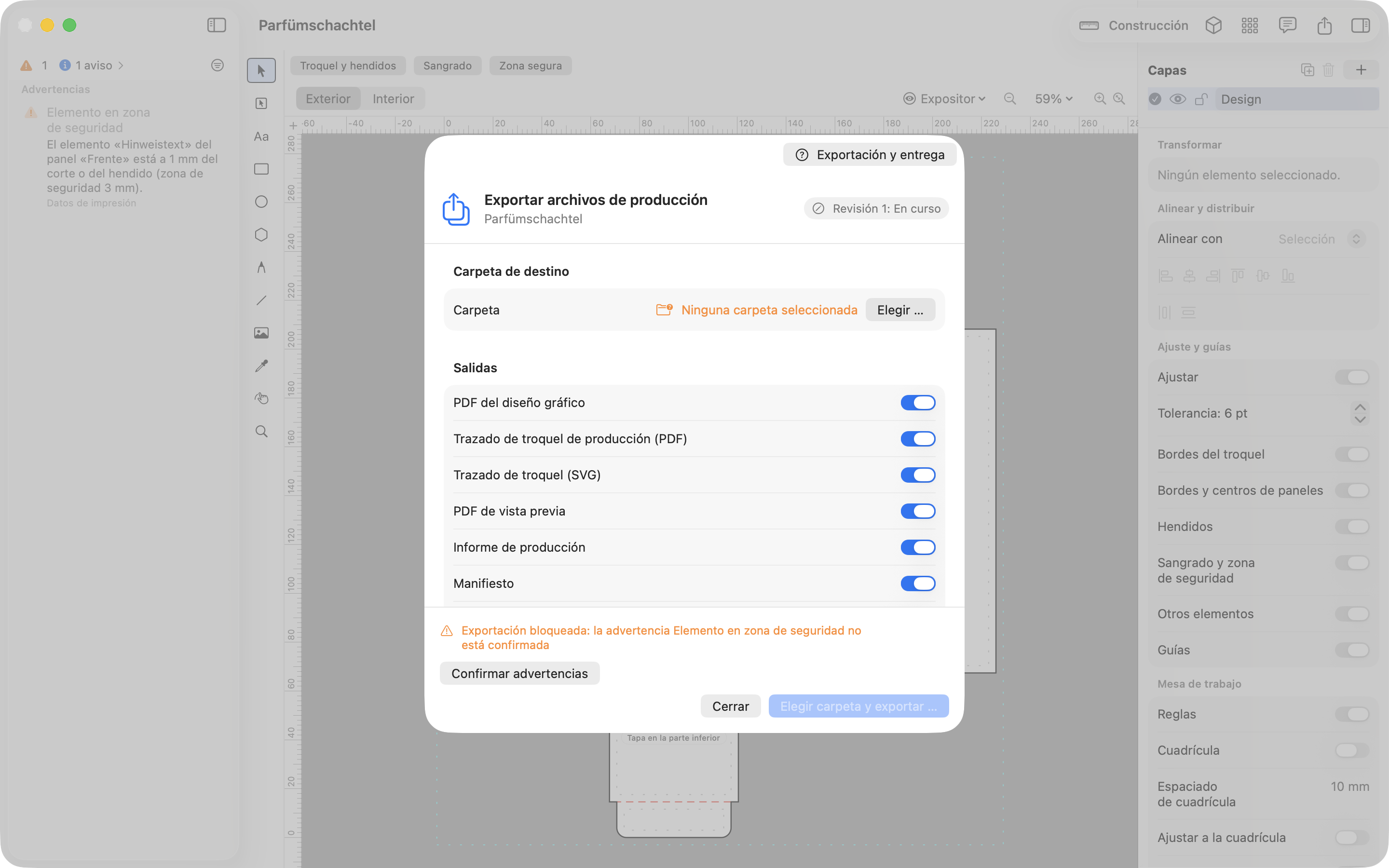 Diálogo de exportación JetDieline con PDF del diseño, PDF del troquel de producción, SVG, PDF de vista previa e informe de producción seleccionables.