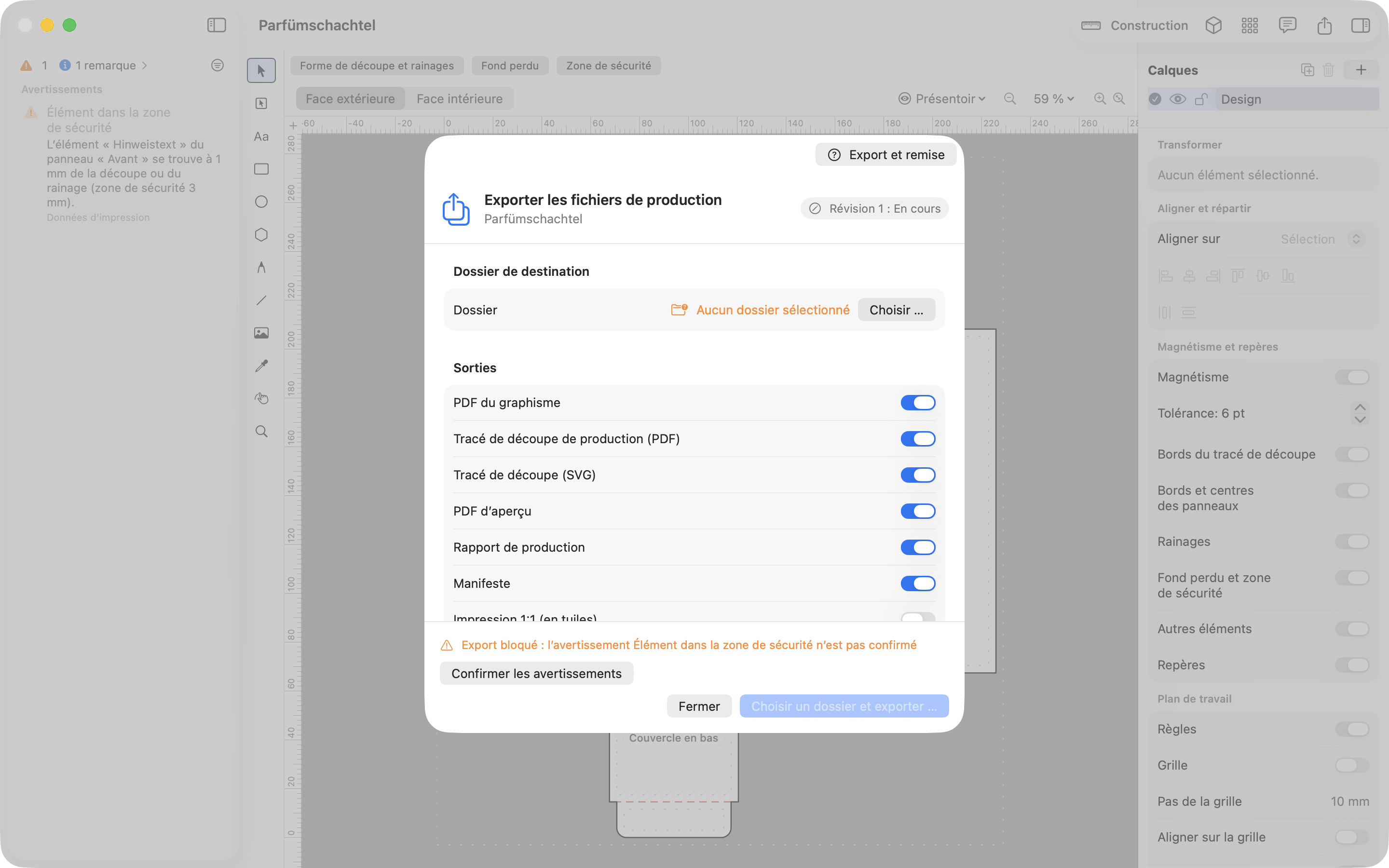 Fenêtre d’export JetDieline avec PDF du visuel, PDF du tracé de production, SVG, PDF d’aperçu et rapport de production au choix.