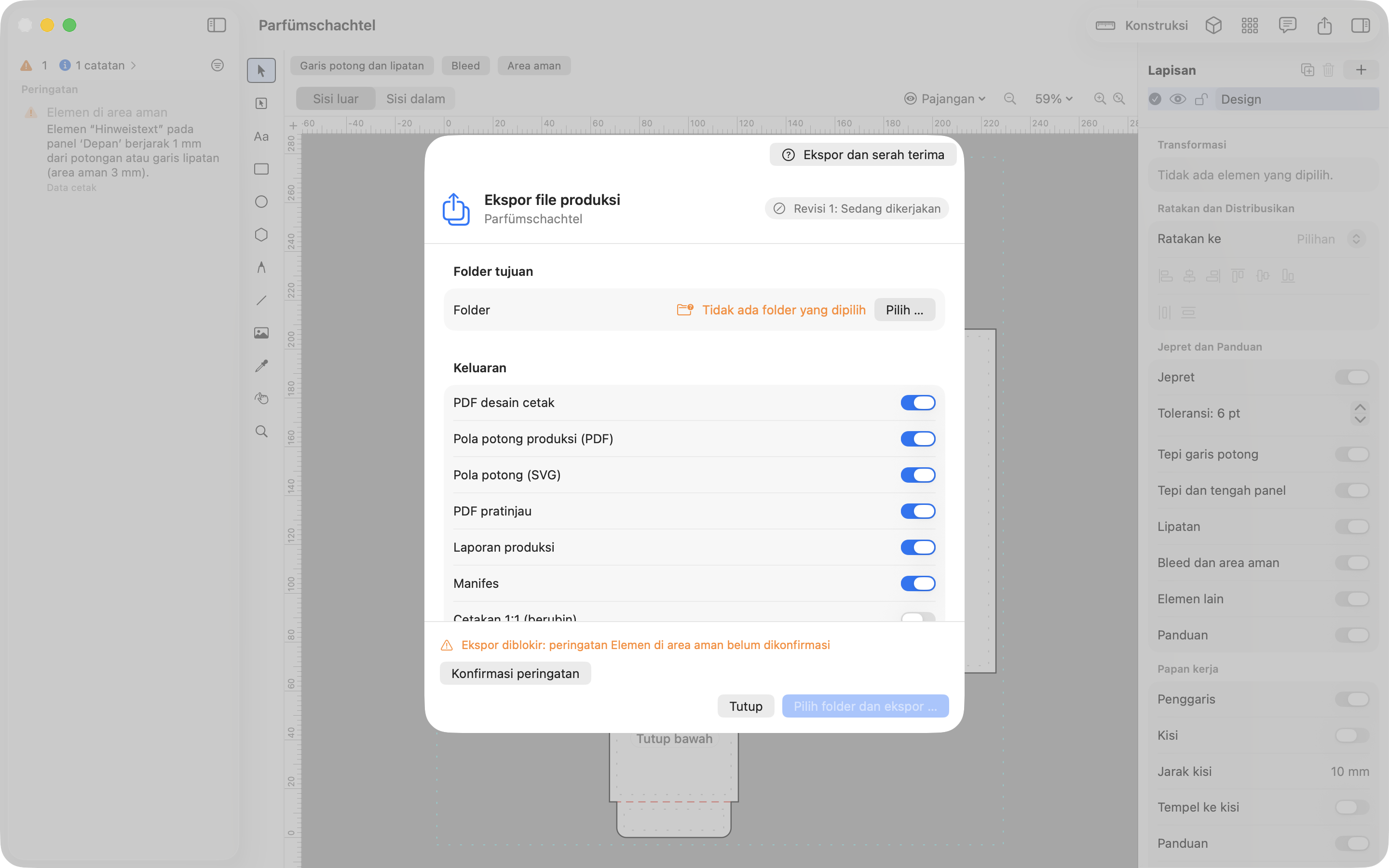Dialog ekspor JetDieline dengan pilihan PDF desain, PDF pola potong produksi, SVG, PDF pratinjau, dan laporan produksi.