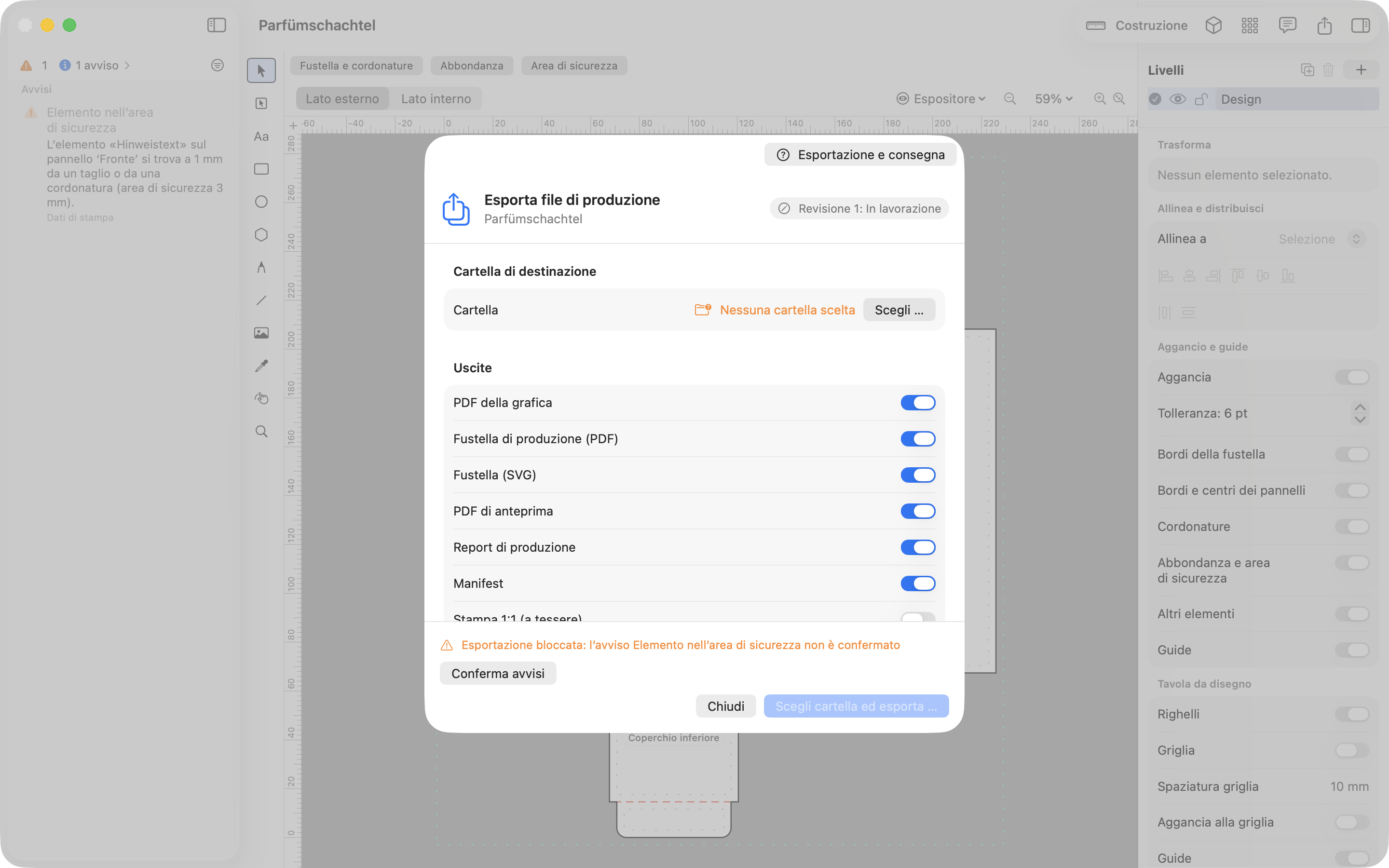 Finestra di esportazione JetDieline con PDF grafico, PDF del tracciato di produzione, SVG, PDF di anteprima e rapporto di produzione selezionabili.