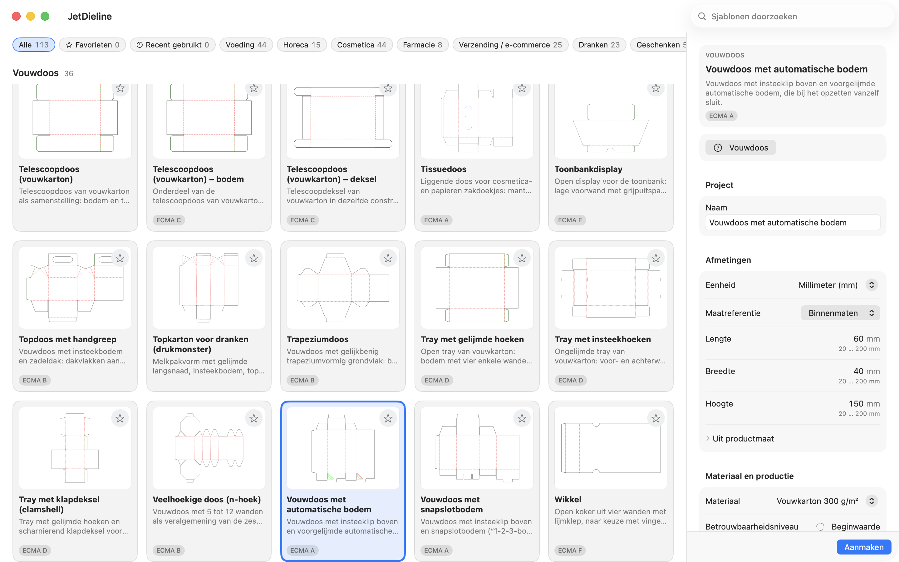 Originele JetDieline-sjablonencatalogus met geselecteerde vouwdoos met automatische bodem en bewerkbare maten.