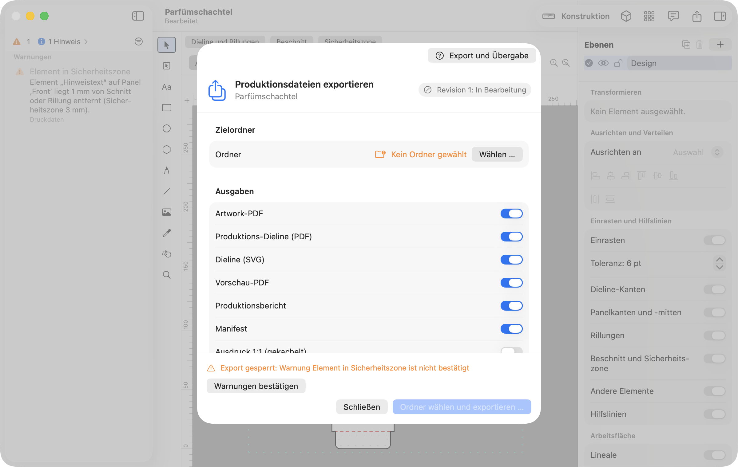JetDieline Exportdialog mit auswählbarem Artwork-PDF, Produktions-Dieline PDF, SVG, Vorschau-PDF und Produktionsbericht.