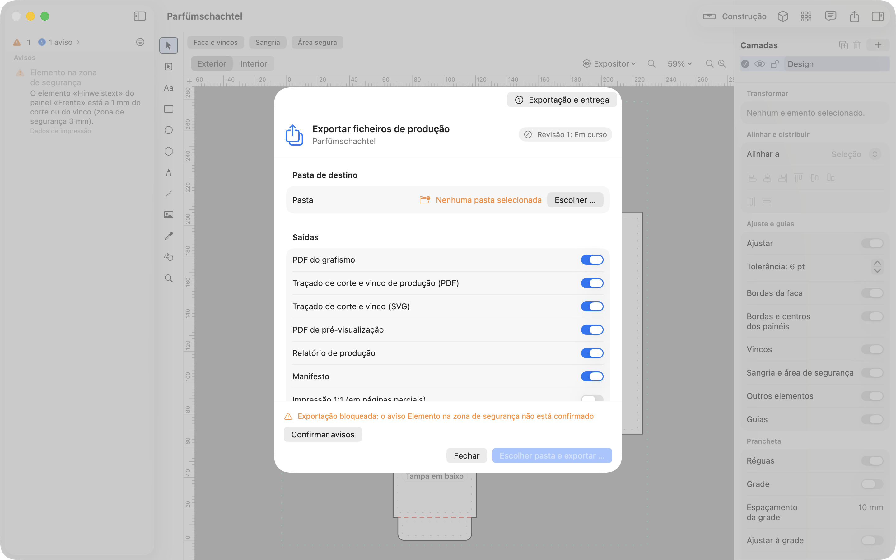 Janela de exportação JetDieline com PDF do design, PDF do contorno de produção, SVG, PDF de pré-visualização e relatório de produção selecionáveis.