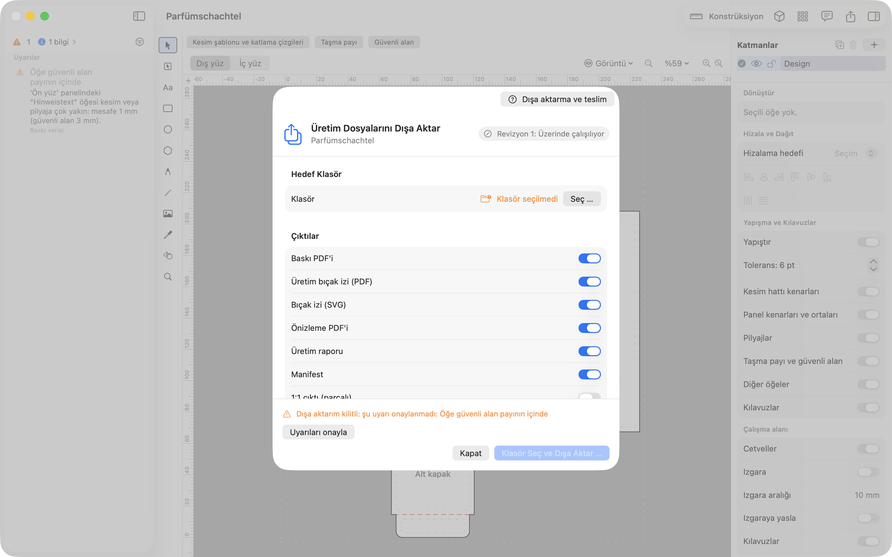 JetDieline dışa aktarma penceresi: tasarım PDF'si, üretim kesim PDF'si, SVG, önizleme PDF'si ve üretim raporu seçilebilir.